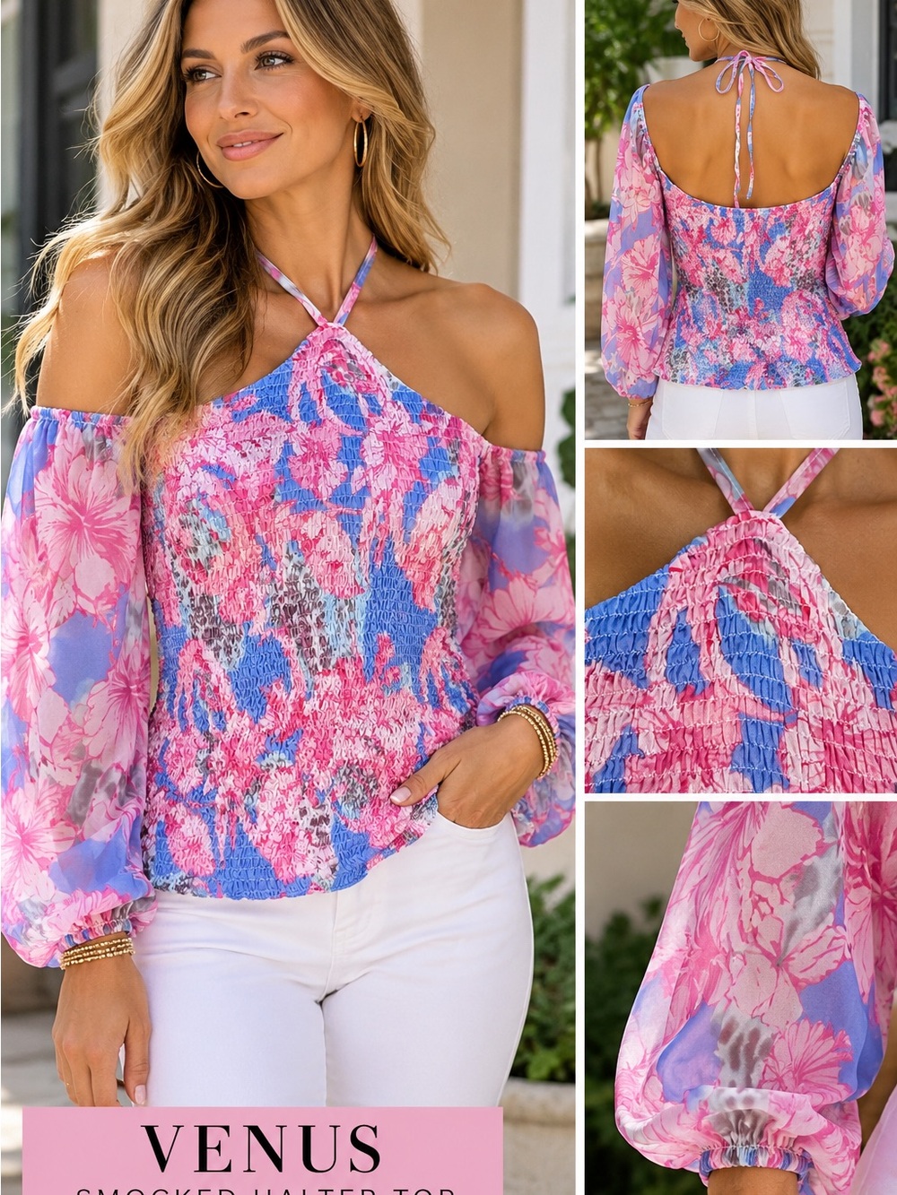 VENUS Floral Smocked Halter Top XL Pink Blue Sheer Sleeves Boho